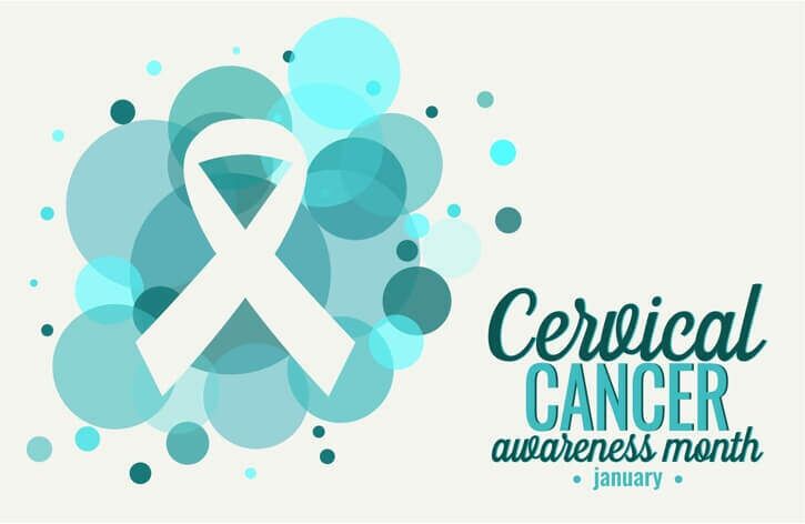 Image featuring a white ribbon over a background of various blue and turquoise circles, with text reading "Cervical Cancer Awareness Month, January," brought to you by your local medical center.