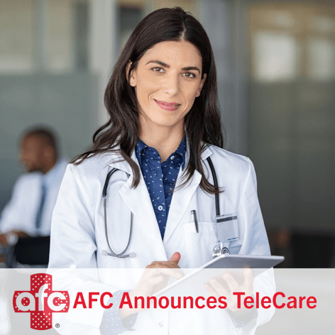 A doctor in a white coat, with a stethoscope around her neck, holds a tablet. The text reads, "AFC Announces TeleCare for urgent care needs.