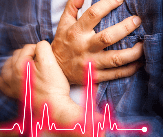 A person clutches their chest, with an electrocardiogram graph overlayed in the foreground, highlighting the critical moment that underscores the importance of access to a medical center.