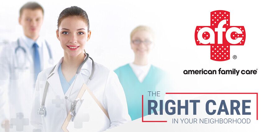 Three healthcare professionals stand in front of an American Family Care logo with the slogan "The Right Care in Your Neighborhood," showcasing their urgent care services.